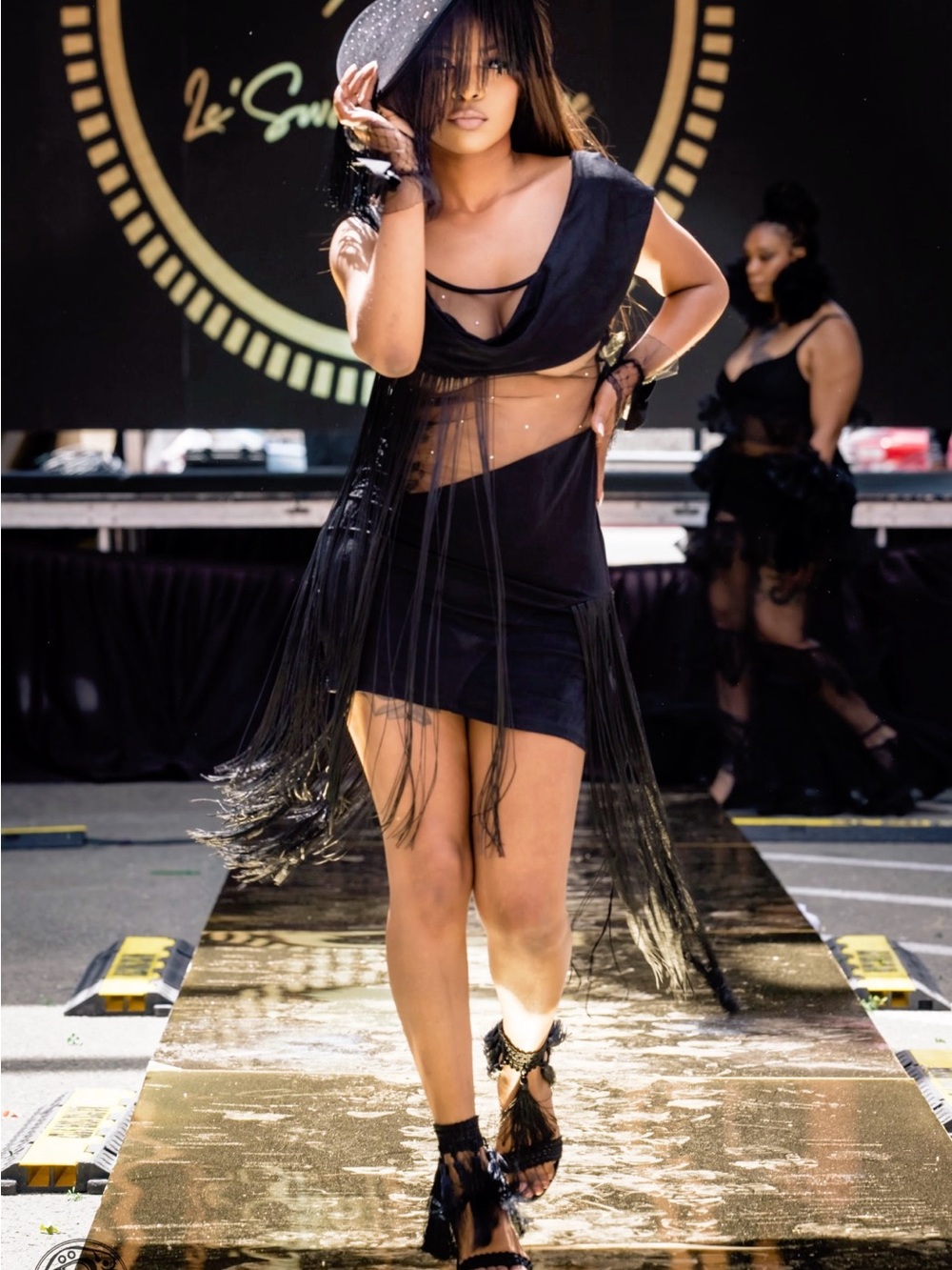 Black Fringe Sheer Panel Mini Dress - Women